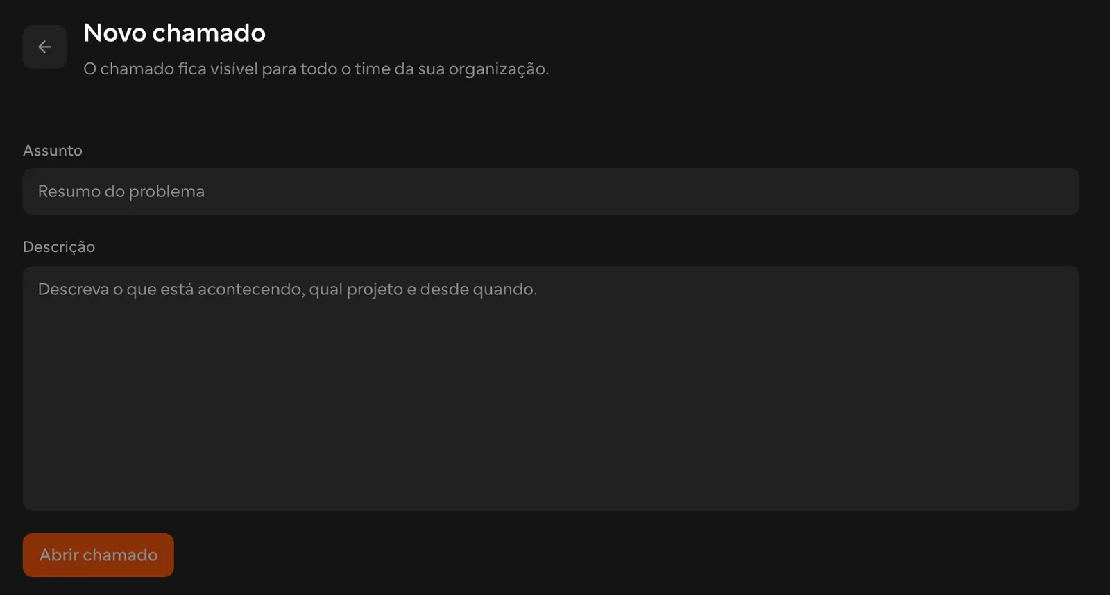 Formulário de novo chamado de suporte no painel